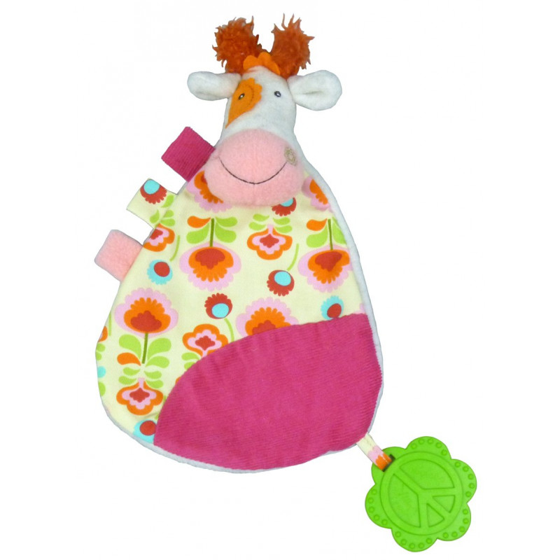 Doudou plat Anémone La Vache avec jouet de dentition Doudou plat Anémone La Vache avec jouet de dentition