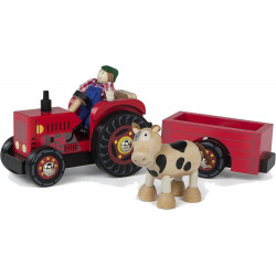Tracteur et sa remorque + fermier et vache 