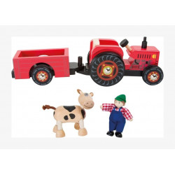 Tracteur et sa remorque + fermier et vache 