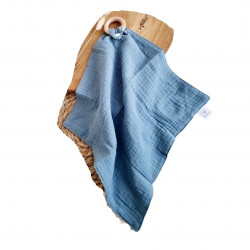 Doudou plat avec anneau en bois (bleu) 