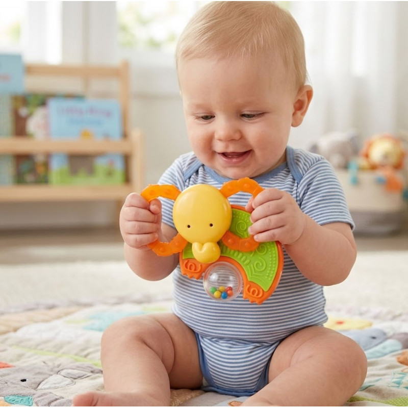 Hochet éléphant orange, vert et jaune