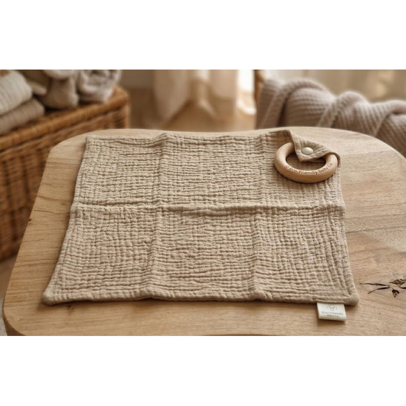 Doudou plat avec anneau en bois (beige foncé)