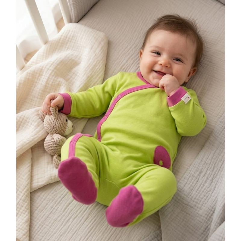 Grenouillère vert anis et fushia en coton  3-6 mois