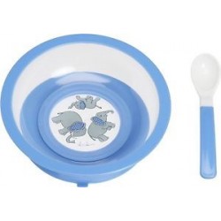 Assiette bleue anti-dérapante  avec ventouse et cuillère 