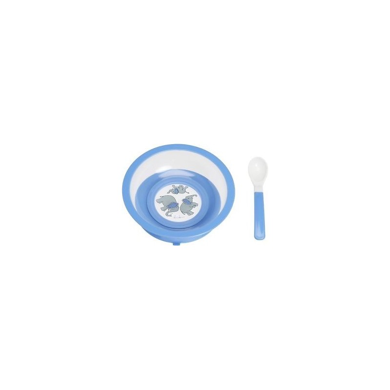 Assiette bleue anti-dérapante  avec ventouse et cuillère