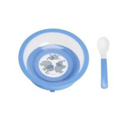 Assiette bleue anti-dérapante  avec ventouse et cuillère 