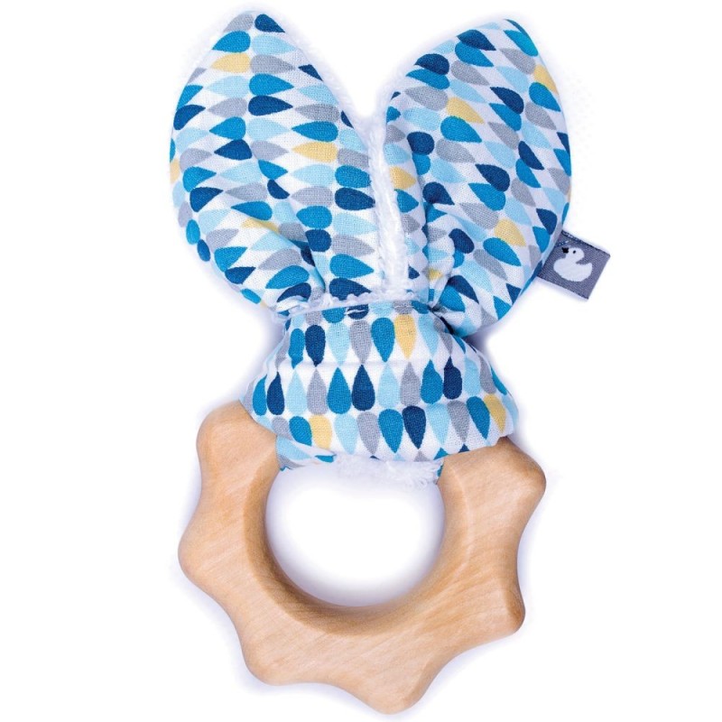 Hochet de dentition en bois-Gouttes bleu-gris-jaune Hochet de dentition en bois-Gouttes bleu-gris-jaune