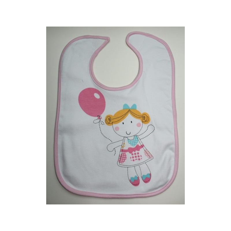 Bavoir blanc et rose motif fille, ballon rose